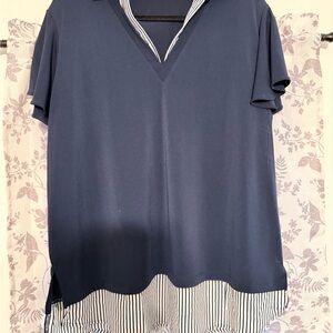 Navy V-Neck Blouse with Striped Hem